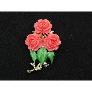 Vintage Coral Catalin Bakelite Carved Rose Brooch Floral Brooch Pin FREE SHIP